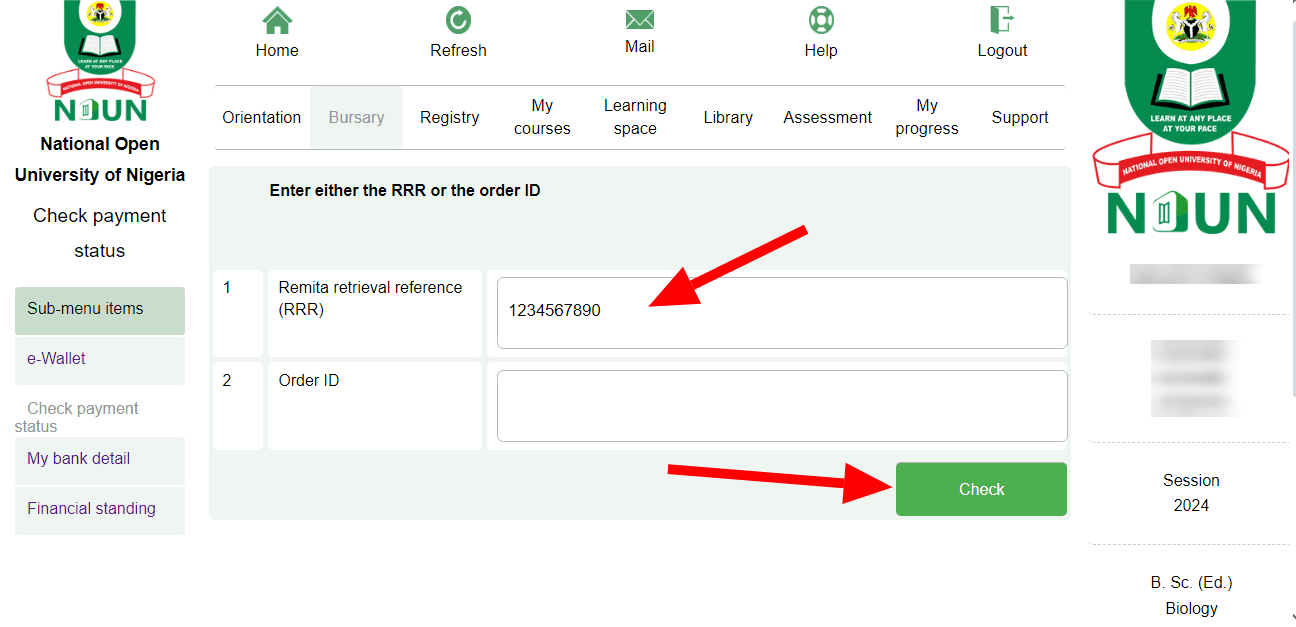 How to make payment reflect on NOUN Portal