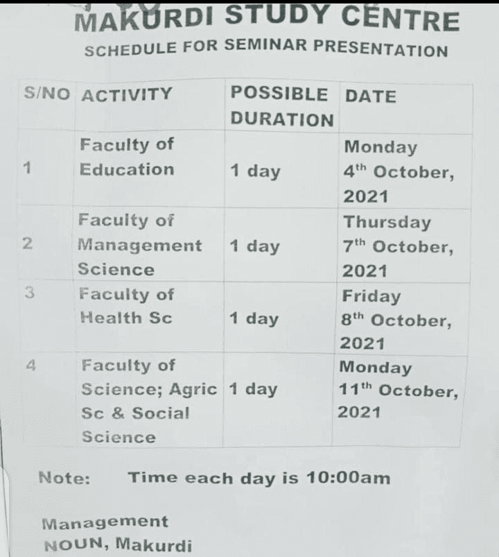 makurdi seminar presentation timetable