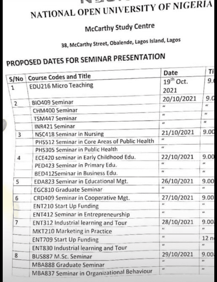 McCarthy seminar presentation timetable