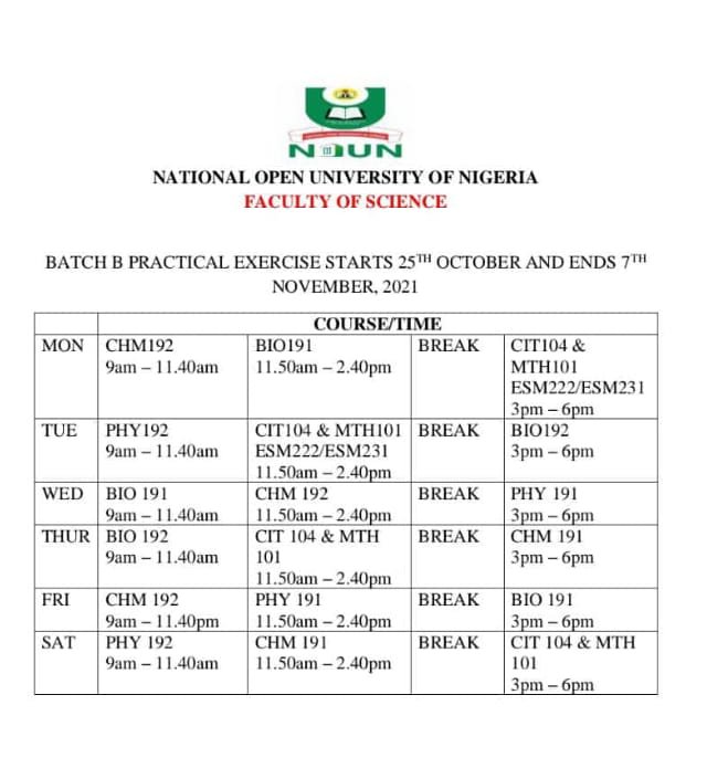 NOUN SCIENCE PRACTICAL TIMETABLE 