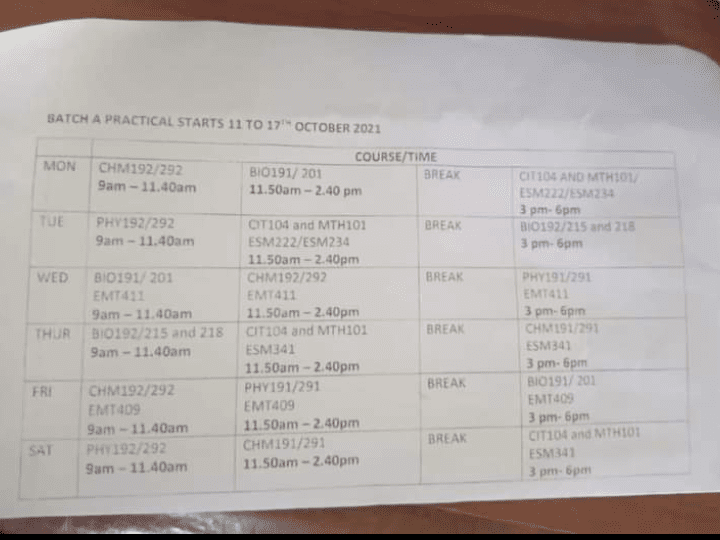 NOUN science practical timetable