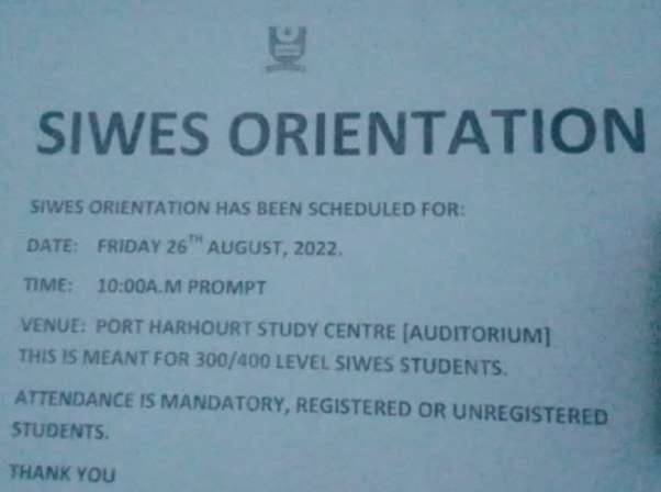 Siwes orientation PH study centre